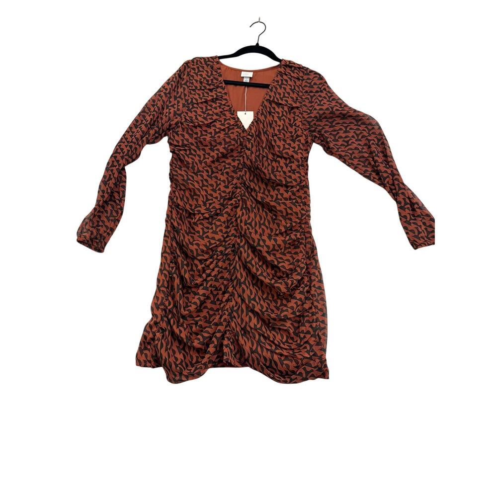 A New Day Women's Brown Geo Print Ruched Front Bodycon Dress - Size Large - NWT